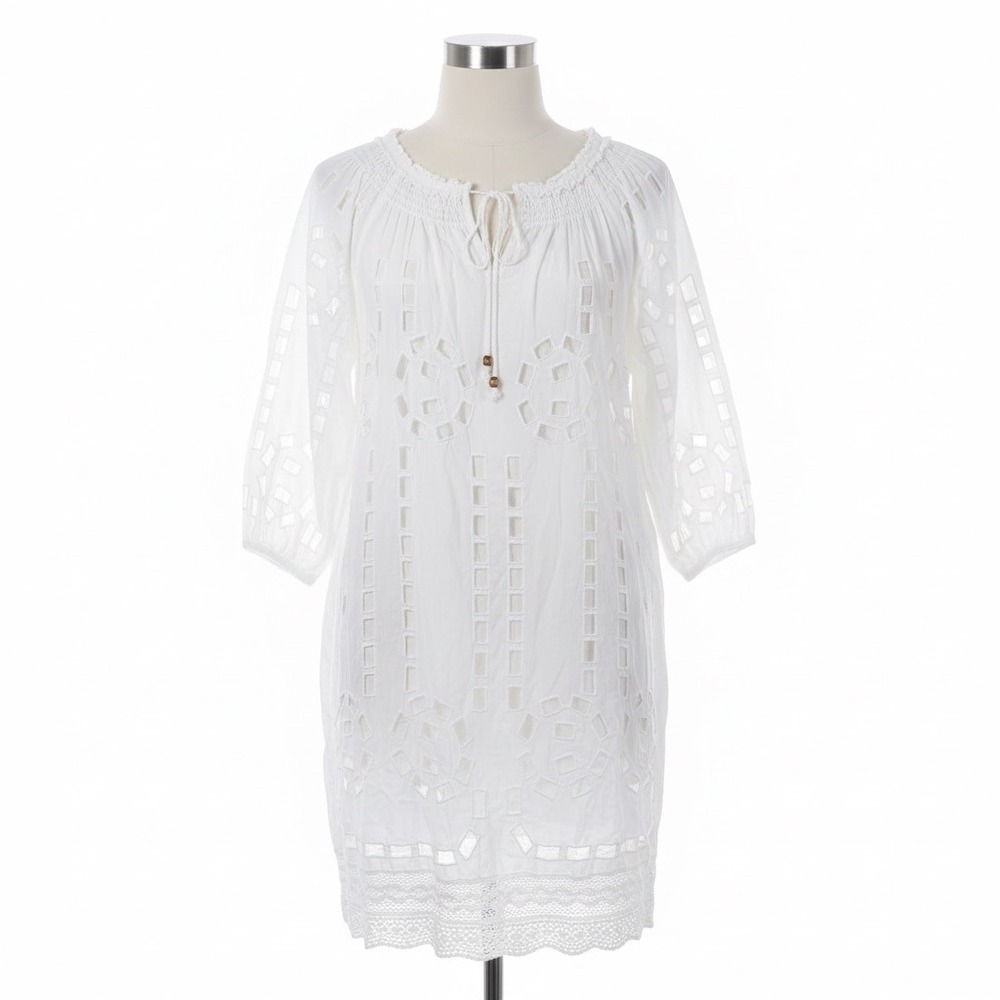 MICHAEL Michael Kors‎ L Tunic Dress White Eyelet Embroidered Smocked Peasant